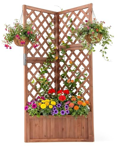 COSTWAY Jardinière avec Treillis en Bois avec Trou de Drainage (Brun) | Bac à Fleurs Surélevé pour Plante Grimpante Vigne Fleurs Légumes, Lit de Jardin Angles de 90°