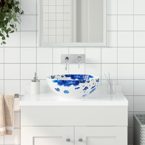 Mokuyary Aufsatzwaschbecken Weiß und Blau Rund Ø41x14 cm Keramik Waschbecken, Handwaschbecken für Gäste WC, Bad, Waschtisch