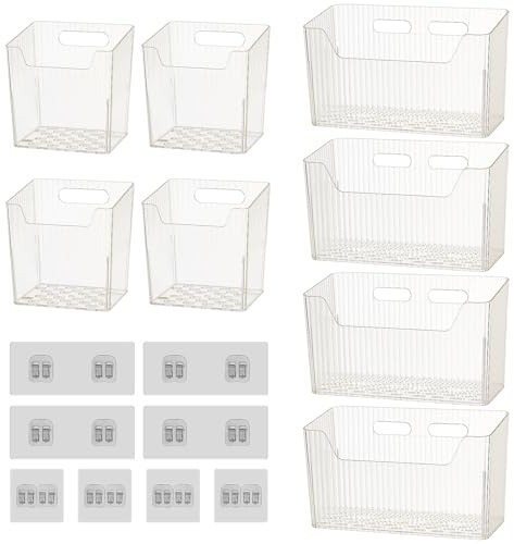 TWINKLEMON 8Pcs Kitchen Cupboard Door Storage Box, Wall Mounted Plastic Organizer Basket, Self-Adhesive Clear Wall Storage Shelves for Bathroom and Kitchen Organisation Office Refrigerator Wall Pantry