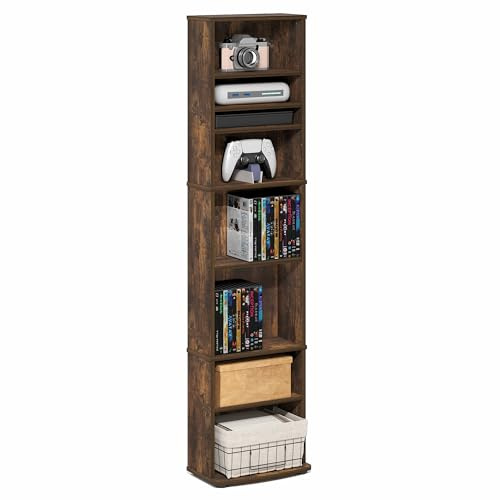 Furinno Jaya DVD Shelf, 8-Tier Tall Narrow CD Rack, Media Shelf with Adjustable Shelves, DVD Storage Cabinets for CD Blueray Game Disc, Easy Assembly, for Living Room, Home Office, Amber Pine