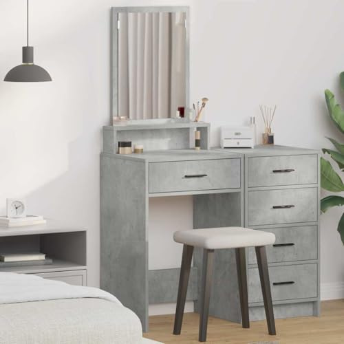 Tavolo moderno grigio cemento 50x41x140 cm con specchio e cassetti, tavolo da toilette in legno di ingegneria per camera da letto, portaoggetti per cosmetici e accessori