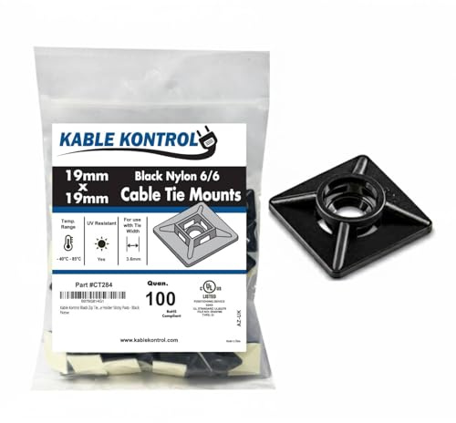 Kable Kontrol Black Zip Tie Bases, 19 mm x 19 mm, Pack of 100 Cable Tie Adhesive Mounts Self Adhesive Mounts Holders Multi-Purpose Zip Ties Bases, Cable Holder Sticky Pads - Black