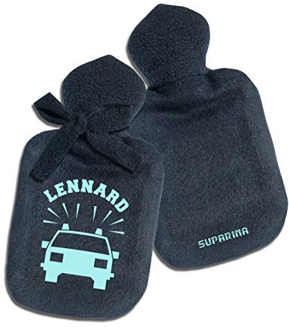 SupaRina Wärmflaschen-Bezug mit Namen und Motiv Polizei-Auto Rot Blau personalisiert, unterschiedliche Farben und Motive nach Wahl, befüllbar kalt oder warm, weicher Fleece, auch mit Flasche