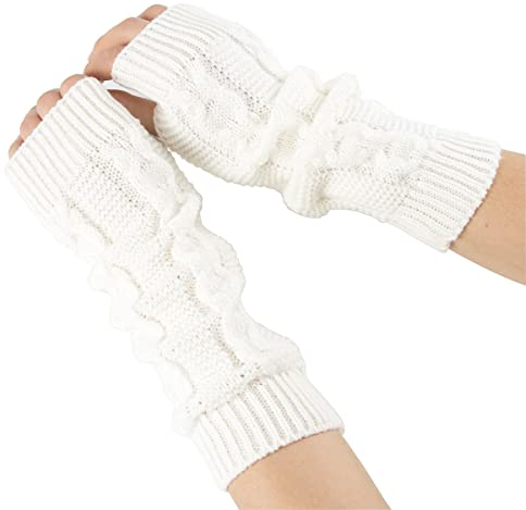 Happyupcity 1Pair 30cm/11.8inch Long Arm Warmer Fingerless Gloves Knitted Wrist Arm Warmers with Thumbhole Stretchy Gloves Winter Warming Protector for Women Girls(White)