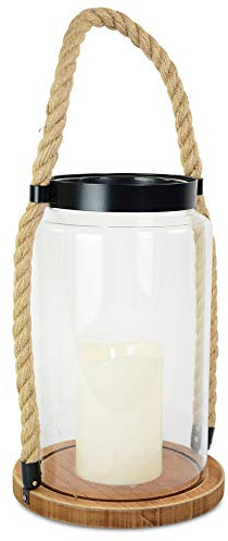 Riffelmacher Glaslaterne mit Kordel und Holzsockel 20914-18x40 cm - Dekoration Maritimer Flair Landhausstil Timer Batteriebetrieben