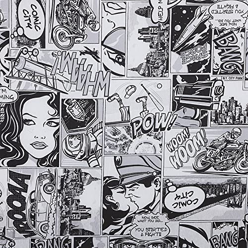 Kt KILOtela - Bedruckter Canvas-Stoff, Dekoration, Kissen, Polsterung, Tagesdecken, Vorhänge, Tischdecken, Breite 280 cm, Länge wählbar 50 in 50 cm, Comic, Weiß, Schwarz