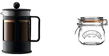 BODUM 1784-01 Kenya 4 Cup French Press Coffee Maker, Black, 0.5 l, 17 oz & Kilner Clip Top Round Storage Jar, Glass