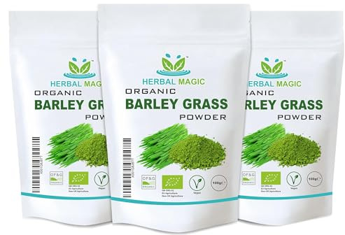 Herbal Magic's Organic Barley Grass Powder-Irrestibily Delicious.Sparkle Your Smoothies,Milkshakes,Recipes.Nutritious wholefood with sizable Healthy Attributes.Free from Fillers & Preservatives-300g