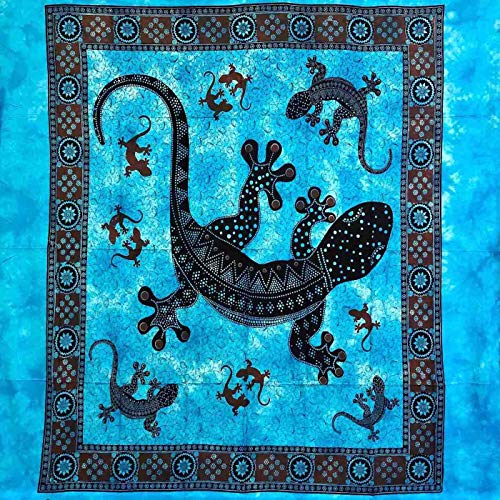 Seamar Geko Überwurf für Sofa, groß, 210 x 230 cm, 100 % Baumwolle, großes Tuch mit Fransen Batik (Hellblau)