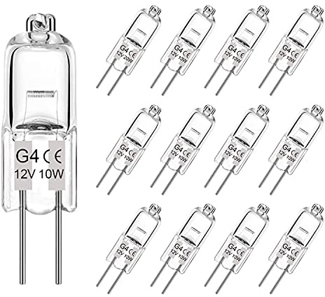 Lacnooe G4 Light Bulbs, 12 Pack Crystal Clear Halogen Bulb 2 Pin, Premium Quality 12V 10W JC T3 Bi-pin G4 Capsule Bulb for Landscape Lighting, Under Cabinet Puck Light, Dimmable, 2700K Warm White