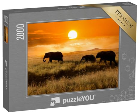 puzzleYOU: Puzzle 2000 Teile „Elefantenfamilie bei Sonnenuntergang, Nationalpark von Afrika“ – aus der Puzzle-Kollektion Safari
