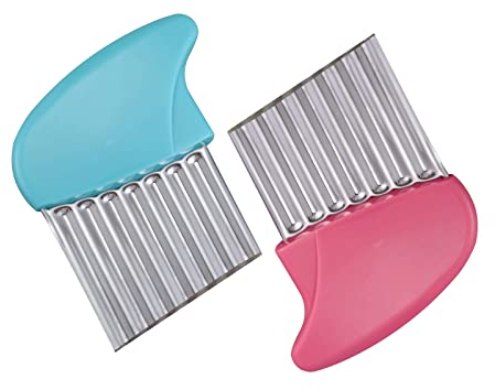 Lot de 2 coupe-frites ondulés en acier inoxydable pour pommes de terre, carottes, beurre, laitue (rose et bleu)