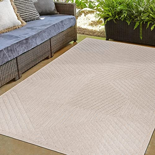 Mazovia Outdoor Teppich 3D Effekt - Wetterfest & UV-beständig - für Balkon, Terrasse und Wintergarten - In- & Outdoorteppich Aussenteppich - Beige Creme 140 x 200 cm