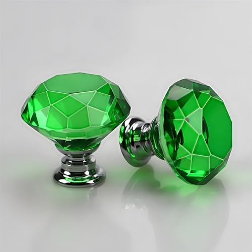 Boxonly 2Pcs Green Crystal Cabinet Door Knobs 40mm Cupboard Dresser Drawer Flat Diamond Pull Handles with M4x22mm Screws