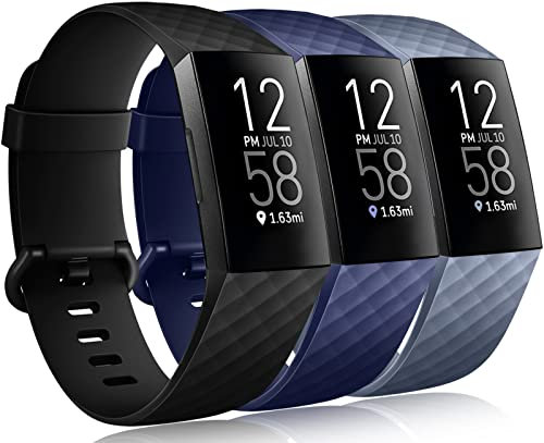 Dirrelo 3 Pack Armbänder Kompatibel mit Fitbit Charge 3/Fitbit Charge 4/Charge 3 SE Armband für Damen und Herren, Sport Verstellbares Ersatzarmband Silikon Uhrenarmband, Schwarz+Blau+Blaugrau,S