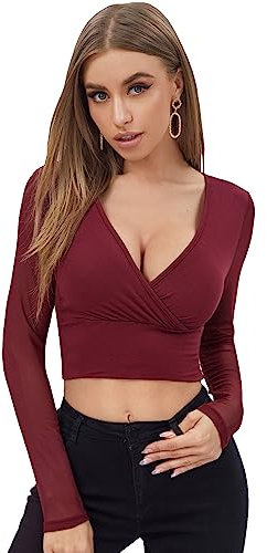 GORGLITTER Women's Wrap Mesh Crop Top Long Sleeve Deep V Neck Party Going Out Sexy Tee T Shirt Burgundy S