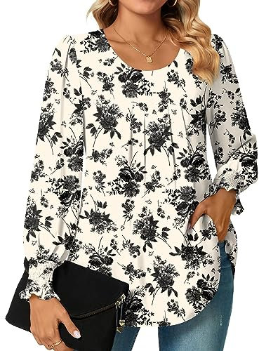 Bestbee Womens Long Sleeve Tunic Tops Dressy Chiffon Blouses Crew-neck Smocked Cuffs Sleeve Shirts Casual T-Shirts Ladies Pleated Tops, Black Flower Beige, XL