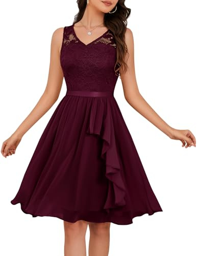 Meetjen Robe de cocktail 2026 pour femme avec ourlet mouchoir en dentelle - Robe formelle pour invitée de mariage, demoiselle d'honneur, bal de fin d'année, fête, Mousseline de soie bordeaux, L