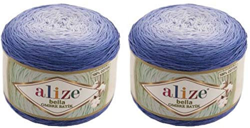 2 x 250 g Alize Bella Batik Ombre Strickwolle Farbverlauf, 500 Gramm Strickgarn 100% Baumwolle, Farbverlaufswolle (blau 7407)