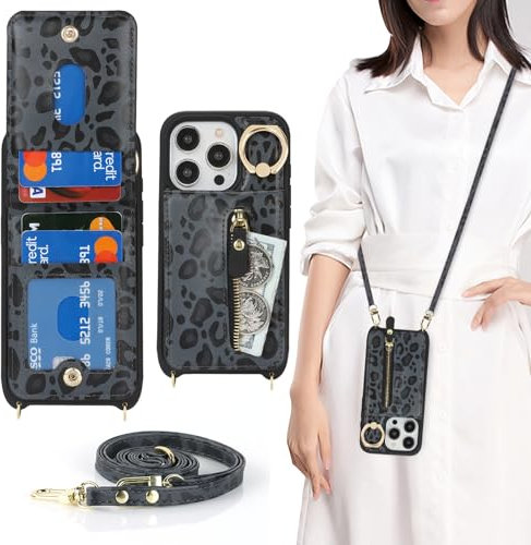 Zouzt for iPhone 15 Pro Case with Cord and Card Holde, Zipper Wallet Case with Crossbody Lanyard Ring Adjustable Necklace Protective Cover Women for iPhone 15 Pro 6.1 Inch - Black Leopard