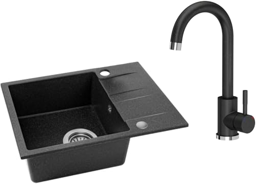 VBChome Spülbecken mit Armatur 56 x 44 cm Schwarz Granit Einzelbecken Einbauspüle Gesprenkelt Reversibel Granitspüle Siphon Waschbecken Schwarz mit Armatur