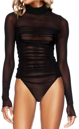 MAYFASEY Women's Sheer Mesh Bodysuits Turtleneck Long Sleeve See Through Bodysuit, Black, XL