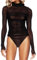 MAYFASEY Women's Sheer Mesh Bodysuits Turtleneck Long Sleeve See Through Bodysuit, Black, XL