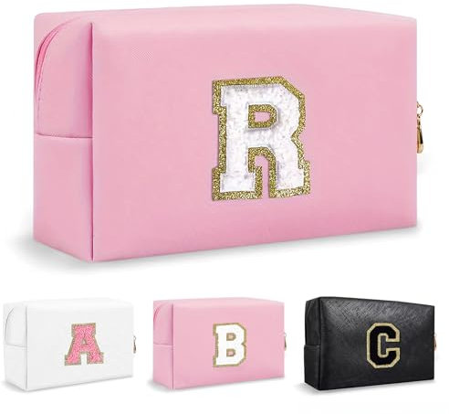 Anntry Trousse de Maquillage,Sacs initiaux personnalisés avec Fermeture éclair,Étanche Portable Trousse de Rangement Toilettepour Femmes,Sac à Cosmétiques en Cuir PU Pochette pour Filles (A-Z)