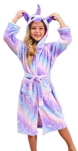 Accappatoio Unicorno per Bambina Morbidi Vestaglie in Pile con Cappuccio per Ragazze (Viola Brillante, 8-9 anni)