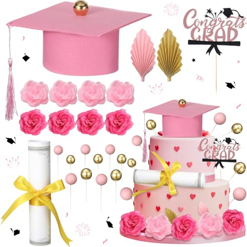 Jingmore Graduation Cake Kit Included Felt Graduation Cap Diploma Classic Black Congrats Grad Cupcake Toppers Beads Leaf Flowers Cake Decorations for Class of 2024 Graduation Party (Champagne Pink)