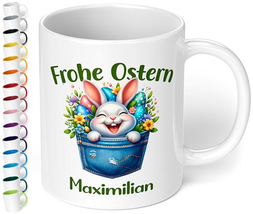 Tasse als Ostergeschenk personalisiert „Frohe Ostern“ Motiv: Osterhase Ostereier – 330ml Keramik Kaffeetasse mit Spruch – kleine Geschenke zu Ostern Easter gift (Weiß)