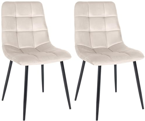 CLP 2er Set Esszimmerstuhl Tilde, Küchenstühle gepolstert mit gestepptem Bezug, Polsterstühle mit Metallgestell, bis 150 kg belastbar, Farbe:Creme, Material:Samt