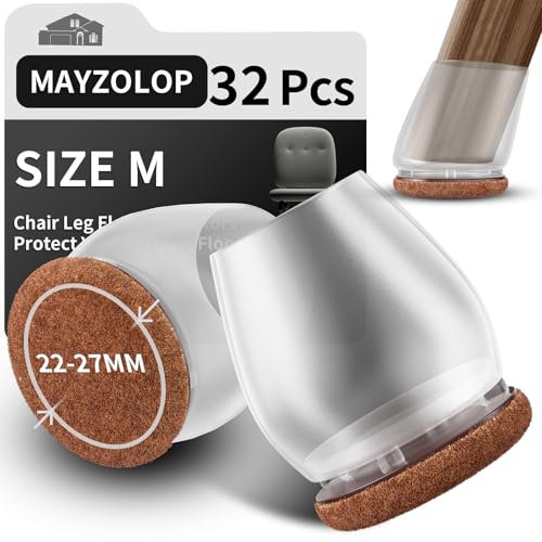 MAYZOLOP 32 Pièces Protege Pied de Chaise en Silicone, 1in Transparent Tampon Chaise pour Pieds inclinés, Bouchons de Pieds de Chaises avec Tampons en Feutre,Pas de Rayures, Pas de Bruit