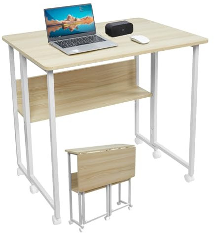 Fiutazge Schreibtisch klappbar, klappschreibtisch mit Rollen, Kleiner Klappbarer Computertisch mit Regal, Beistelltisch, Klapptisch für Home Office, Industrie-Design, Eiche 80 x 58 x 75 cm