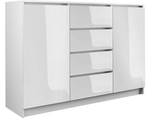 roe furniture Kommode mit 4 Schubladen & 2 Schränke - Modern Schubladenschrank - Komodenschrank - Schubladenkommode 120 cm Breit - Weiß Hochglanz