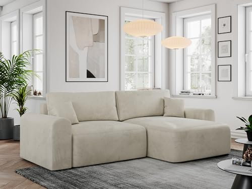 MKS MEBLE Sofa L-Form, Ecksofa mit Schlaffunktion, Wohnlandschaft L-Form mit Kissen, Couch L-Form - Nelson - Beige Velvet