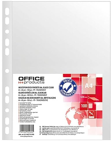 OFFICE PRODUCTS Prospekthülle/Klarsichthüllen Glasklar A4 / 100 Stück/Oben Offen Klarsichthüllen Sicht-Hüllen Gelochte Plastikhülle/Transparent 60 mikron/Verstärkte Kante