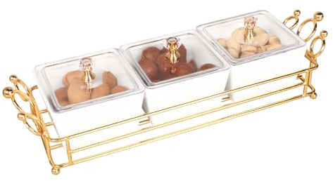 jinsongdafa Ceramic Serving Bowls with lid Metal Dishes, 3 Removable Small Bowls Relish Tray Nuts Dishes for Snack, Fruits, Sugar, Candies - for Parties, Party, Gift