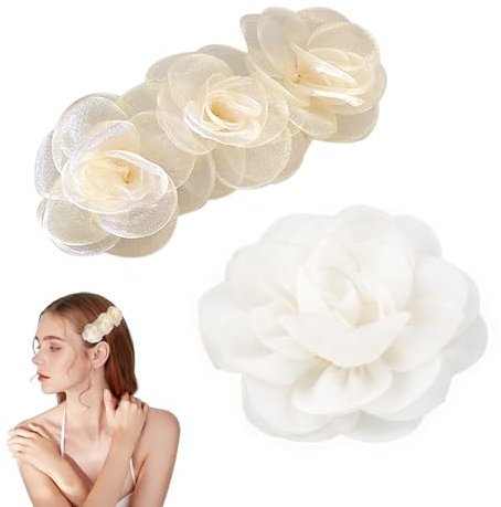 1 pince à cheveux en maille rose, 1 pince à cheveux en forme de fleur, accessoire de cheveux avec fleurs blanches, coiffe blanche, petite pince à cheveux, accessoires de cheveux pour femme
