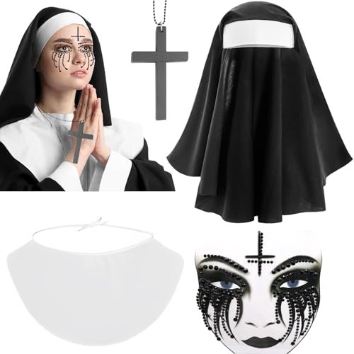 Hendpock Halloween Nonnen Kostüm Damen,Horror Nonnenkostüm Halloween Kostüm mit Nonnenhaube Kopfbedeckung Kragen Kreuzkette Glitzersteine Tattoo Gothic Nonne Kostüm Erwachsene für Karneval Cosplay
