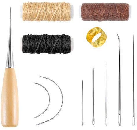 12PCS Leather Sewing Needle 12m Waxed Thread Kit,Leather Repair Kit Curved Needle Cord Drilling Awl and Thimble for Carpet Furs Canvas Repair,Fabric Sewing DIY Crafts and Embroidery Supplies