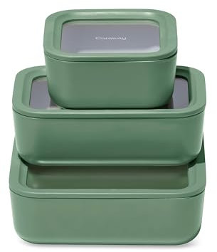 Caraway 3pc Glass Food Storage Set – 10 Cup, 6.6 Cup, & 4.4 Cup Food Containers - Ceramic Coated - Non Toxic Non Stick Lunch Box with Glass Lids - Dishwasher, Oven, & Microwave Safe - Sage