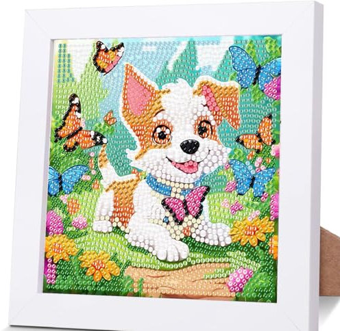 Diamond Painting Kinder Mit Rahmen Hund, Hunde Leinwand, Tiere Diamant Painting Geschenk Mädchen Bastelset ab 7-12 Jahre Mit Geschenkbox 15x15cm