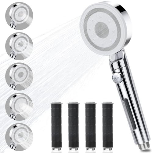 Hochdruck Duschkopf mit 4 PP Filter, Duschkopf Wassersparend mit Stoppfunktion und 5 Strahlarten, Universal Regendusche Handbrause, Antikalk Duschbrause für Erwachsene Kinder Haustiere (Chrome)
