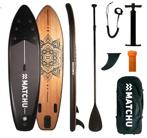 MATCHU - Stand Up Paddling Board – Sup Board – Komplettset - T/M 150 KG belastbar - 320x81x15 cm - Anti-Rutsch - Soft Foot Deck (Holz/Mandala - Schwarz)