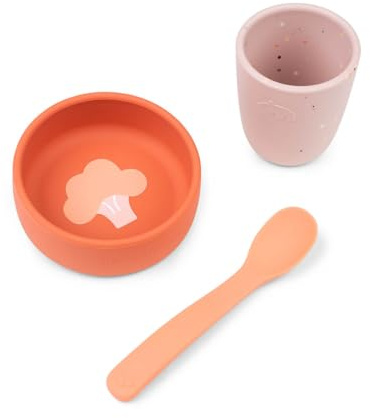 Done by Deer Beikost Baby Zubehör - Baby Geschirrset - Babygeschirr 3-Teilig mit Schüssel Durchm. 10 cm, Becher & Löffel - 100% Silikon in Lebensmittelqualität, Papaya