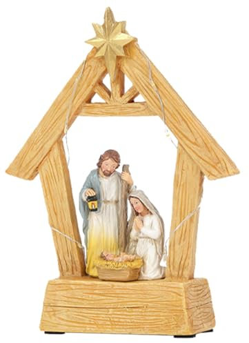 Estatua Sagrada Familia - Belén Establo con luces, Belén de Navidad con establo | Adornos para el nacimiento de Cristo de Jesús, belén de la Sagrada Familia, figuras del belén de mesa, estante del