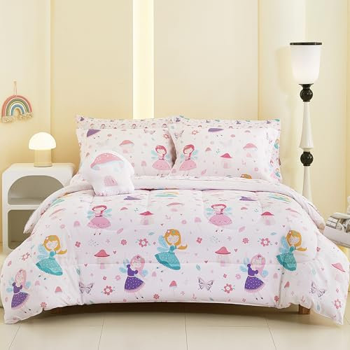 Mooreeke Bettwäsche-Set in voller Größe für Mädchen und Kinder, 8-teiliges Bett in einer Tasche, rosa Feen-Bettwäsche-Set mit Kissenbezügen und dekorativem Spielzeugkissen, ultraweiche Mikrofaser,
