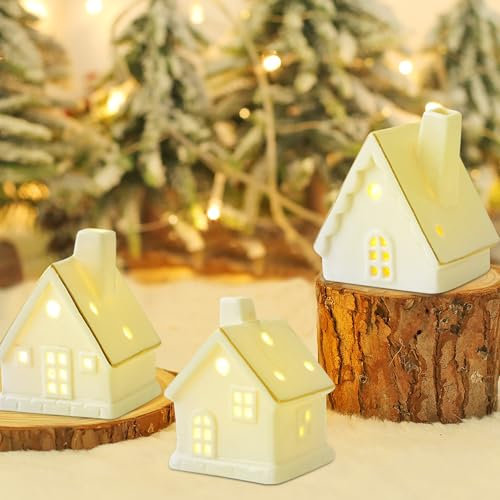 Weihnachtsdeko Weihnachtsdorf Beleuchtet Weihnachten Weisse Häuser Nachtlicht,LED Lichthaus Weihnachten Deko,Lichthäuser Keramik Weiß Teelichthalter Windlicht Haus Weihnachtshäuser (06)