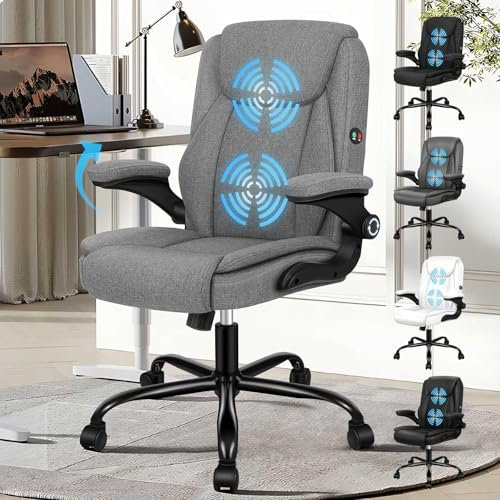 ELFORDSON Massage Office Chair, Mid-back Executive Chair with 90° Flip-up Armrests, Comfy Work Chair with adjustable Height, Ergonomic Swivel Gaming Chair, Fabric, Grey